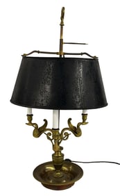 ELECTRIFIED BOUILLOTTE LAMP, BRASS SWANS 30" X 16 1/4"