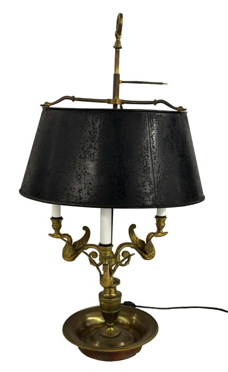 ELECTRIFIED BOUILLOTTE LAMP, BRASS SWANS 30" X 16 1/4" (1 of 5)