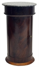 MARBLE TOP MAHOGANY COLUMNAR POT TABLE, WITH ONE DOOR 28 1/2" X 16"