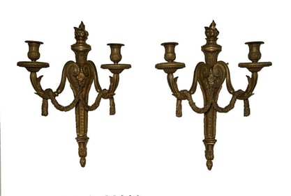PR OF FRENCH BRONZE DOUBLE BRANCH FIRE GILDED CANDLE SCONCES, 18 3/4" X 12"