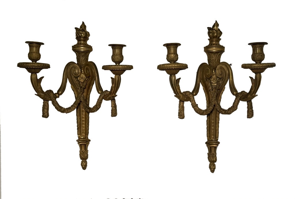 PR OF FRENCH BRONZE DOUBLE BRANCH FIRE GILDED CANDLE SCONCES, 18 3/4" X 12" (1 of 6)