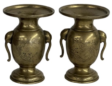 PR OF MIXED METAL BRASS ORIENTAL ALTAR VASES 5 1/4" X 4"