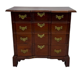 DIMINUTIVE MAHOGANY BOSTON BLOCK FRONT CHEST ORIGINAL BRASS, 31" CARCASS 29 1/2" X 17 1/2"