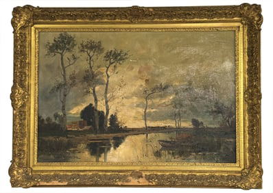 OIL/ CANVAS SIGNED A. HERBE TITLED  "IN THE MOORS" 23 1/2" X 36"