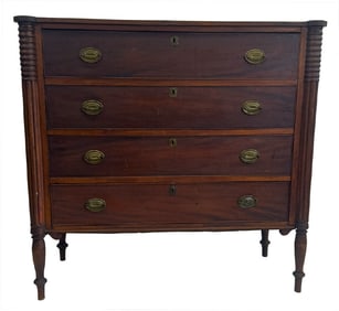 MA FEDERAL SHERATON CHEST IN OLD FINISH, ORIGINAL BRASS & COOKIE CORNERS  41 1/2" X 41" X 19"