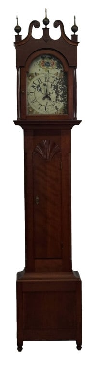 CHERRY TALL CASE CLOCK W/ BROKEN ARCH TOP & CARVED PENDULUM DOOR, AMERICAN C. 1815 - 1820 99" X 20" (1 of 11)
