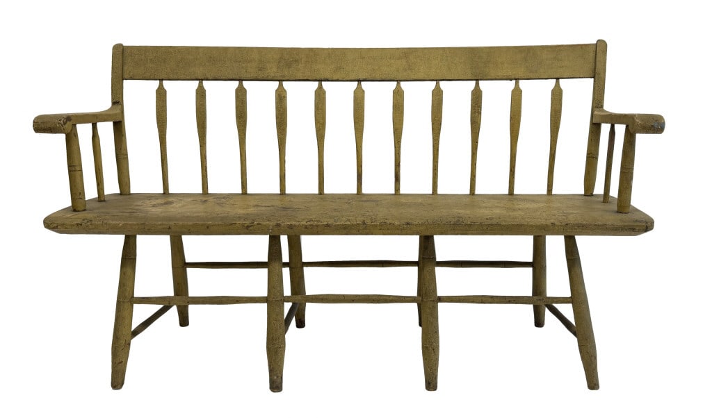 PLANK SEAT ARROW BACK BENCH IN MUSTARD PAINT 34" X 58 1/2" X 16" (1 of 5)