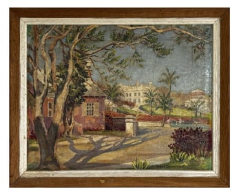 OIL/ CANVAS MABEL RAINSFORD "TROPICAL LANDSCAPE" 11" X 13 1/2"