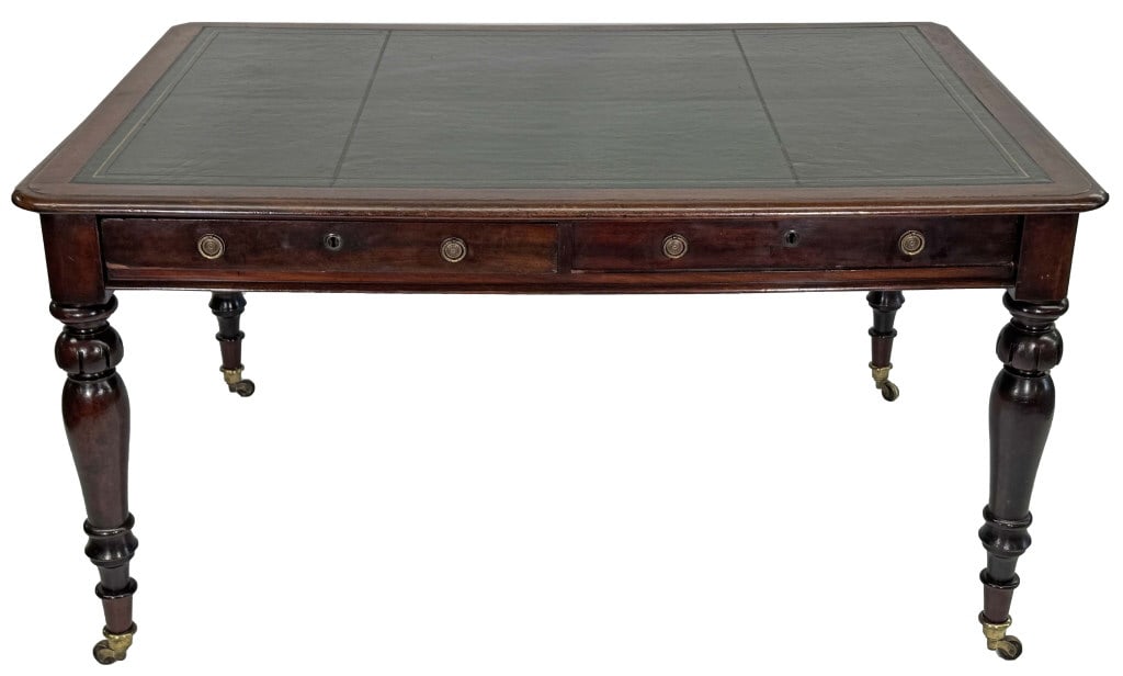 LATE REGENCY ENGLISH LEATHER TOP LIBRARY TABLE 32" X 60" X 41 3/4" (1 of 6)