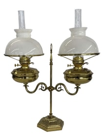 BRASS DOUBLE TANK OIL STUDENT LAMP, NEVER ELECTRIFIED 29 3/4" TALL WITH SHADES X 24" WIDE