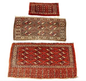 3 TURKOMEN MATS / BAG FACES, LARGEST 48" X 26" SMALLEST 28" X 14 1/2"