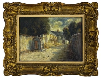 OIL / BOARD "SERVICE ROAD" SIGNED ILLEGIBLY 10" X 13 3/8"