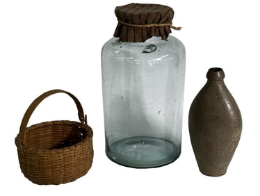 STONEWARE FLASK, SWING HANDLE BASKET & AQUA BLUE JAR, 12 " TALL