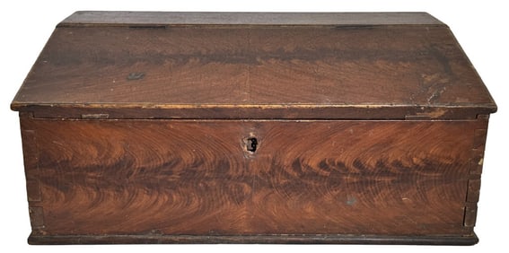 19THC.  LIFT LID GRAIN PAINTED TABLE TOP DESK, AMERICAN W/ 3 DRAWER INTERIOR 9" X 21 3/4" X 12 3/8"