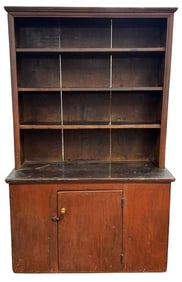 19THC. OPEN TOP STEP BACK CUPBOARD IN ORIGINAL RED PAINT 67" X 41 1/2" X 18"