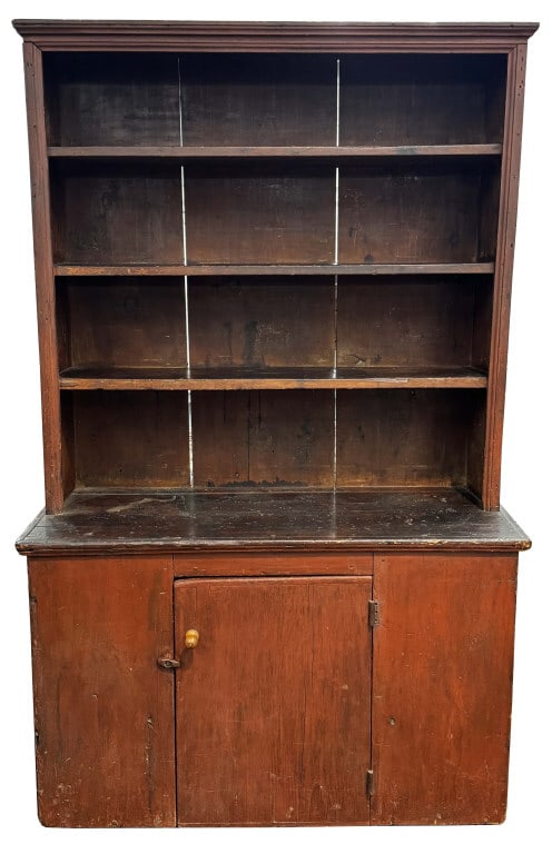 19THC. OPEN TOP STEP BACK CUPBOARD IN ORIGINAL RED PAINT 67" X 41 1/2" X 18" (1 of 5)