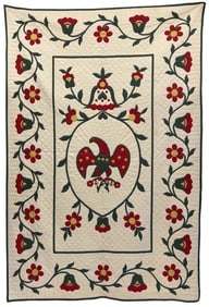 HAND STITCHED APPLIQUED QUILT WITH EAGLE SHIELD IN A FLORAL VINE BORDER 94" X 64"