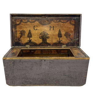EARLY 19THC. PAINT DECORATED CARPENTERS TOOL CHEST 17" X 41 1/2" X 19 1/2": EARLY 19THC. PAINT DECORATED CARPENTERS TOOL CHEST 17" X 41 1/2" X 19 1/2"