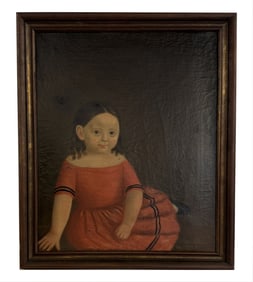 AMERICAN SCHOOL PORTRAIT OF A CHILD IN A RED DRESS ON DRAKE CANVAS, TROY NY CANVAS 30" X 25"