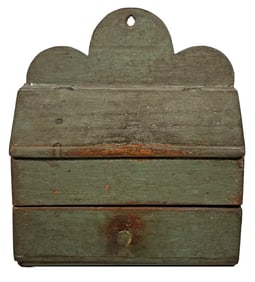 19THC. WALLBOX WITH DRAWER IN GREEN PAINT 14 1/4" X 12 3/4" X 6"