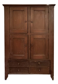 19THC. 4 DOOR 4 DRAWER WALL CUPBOARD IN RED PAINT 75 1/2" X 50 1/4" X 16 3/4"