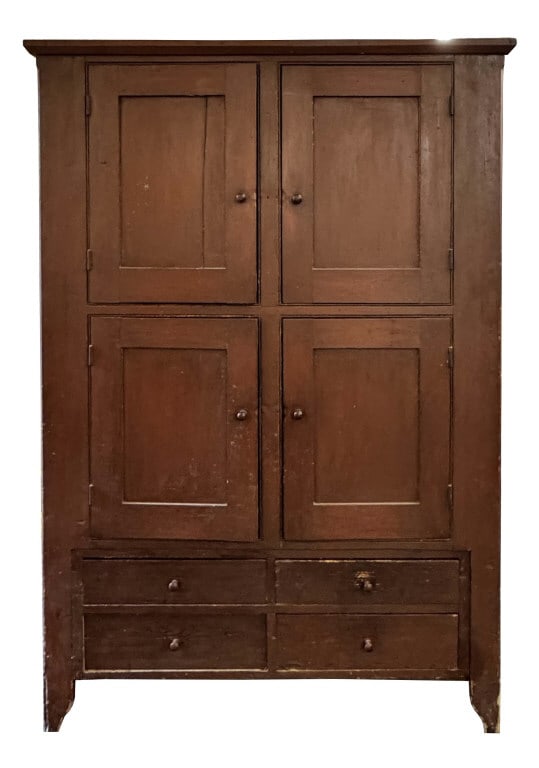 19THC. 4 DOOR 4 DRAWER WALL CUPBOARD IN RED PAINT 75 1/2" X 50 1/4" X 16 3/4" (1 of 7)