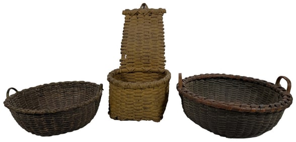 3 PAINTED NYS BASKETS INC.  LOOM BASKET & 2 ROUND BASKETS WITH HANDLES 10 1/4" DIAM & 12 1/8" DIAM &