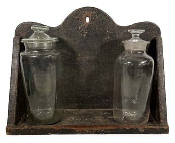 PAINTED HANGING WALL SHELF W/ 2 EARLY GLASS JARS 1 WITH DAMAGE SHELF: 14 5/8" X 19 1/4" X 6 1/2"