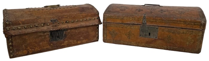 2 LEATHER COVERED DOME TOP BOXES / TRUNKS LARGEST 16" X 6 3/4" X 9 1/4"