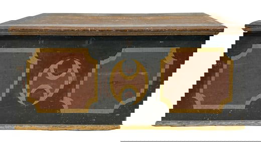 MOHAWK VALLEY PAINT DECORATED BLANKET BOX WITH CEDAR LINING  48" X 21" X 17 1/2"