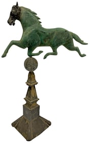 19THC. FULL BODIED RUNNING HORSE WEATHER VANE ON TIN PEDESTAL 32" LONG , 46" TALL ON BASE