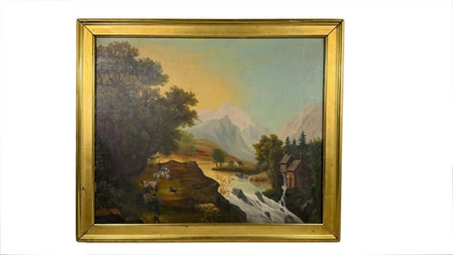 OIL / CANVAS AMERICAN SCHOOL PRIMITIVE LANDSCAPE W/ WATERFALL 18" X 22"