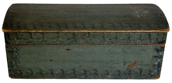 BLUE PAINT DECORATED DOME STORAGE BOX SNIPE HINGES  6 1/2" X 16" X 7"
