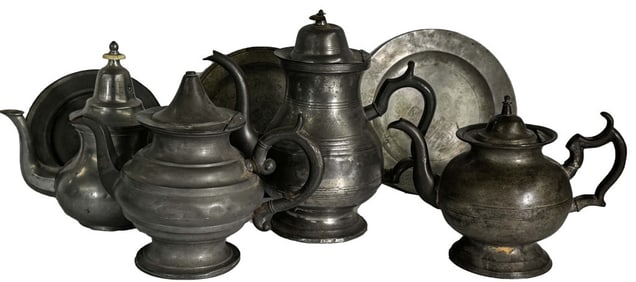 GROUP OF PEWTER INC. 4 TEA POTS AND 3 PLATES