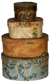4 - 19THC. WALLPAPER COVERED BOXES, LARGEST 3 1/2" X 7 3/4" X 5 1/2"