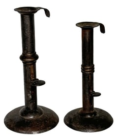 TWO WEDDING BAND PUSH UP HOG SCRAPER CANDLESTICKS 1 SIGNED FISHER, TALLEST 9"