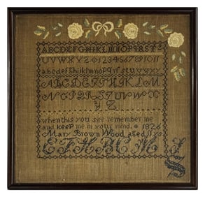 1835 SAMPLER BY 11 YR OLD MARY BROWN WOOD 16 1/2" X 17"