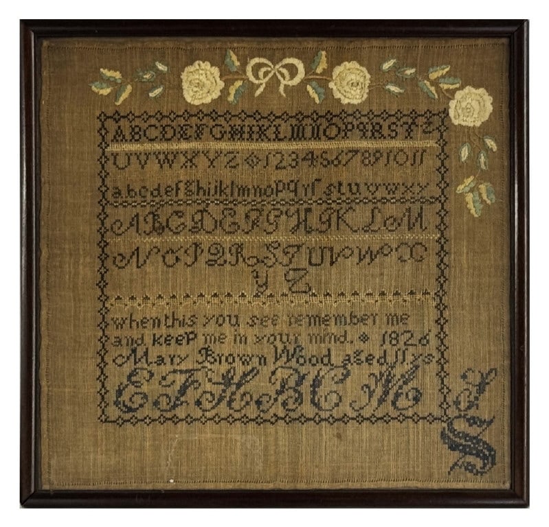 1835 SAMPLER BY 11 YR OLD MARY BROWN WOOD 16 1/2" X 17": 1835 SAMPLER BY 11 YR OLD MARY BROWN WOOD 16 1/2" X 17"