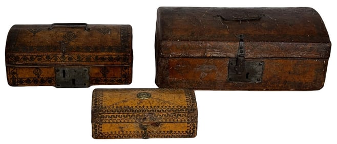 3 EARLY 19THC. LEATHER COVERED DOME TOP BOXES LARGEST 4" X 11" X 16"