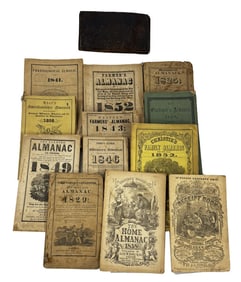 12 MID 19THC. ALMANACS & 18THC. LEATHER WALLET DATED 1766
