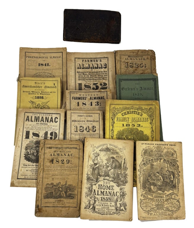 12 MID 19THC. ALMANACS & 18THC. LEATHER WALLET DATED 1766 (1 of 7)
