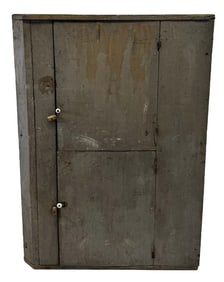 19THC. DOOR OVER DOOR CORNER CUPBOARD IN OLD GREY PAINT 49 1/2" X 35" X 18" TAKES A 25 1/2" CORNER
