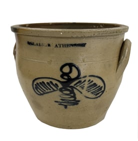 N CLARK JR. ATHENS CROCK W/ STYLIZED BUMBLE BEE IN COBALT BLUE, OVOID,  7 1/4"  X 8 1/2' DIAM