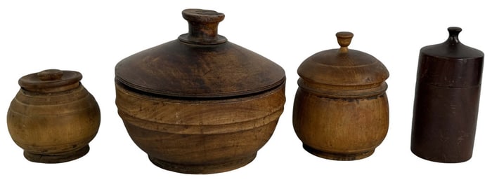 4 TREENWARE COVERED JARS, 1 W/ SPLIT IN BOTTOM