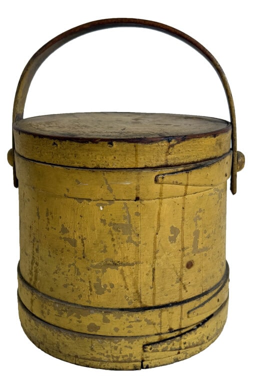 FIRKIN OR SUGAR BUCKET SIGNED S. BOWE, STAVED CONSTRUCTION IN CHROME YELLOW PAINT  13 1/2" X 10" (1 of 5)