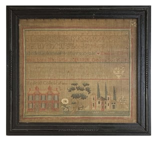 1828 SCHOOL GIRLS SAMPLER, GIBSON SUSQE. CO. PA MEDICAL COLLEGE OF OHIO  16 1/4" X 18 3/4"