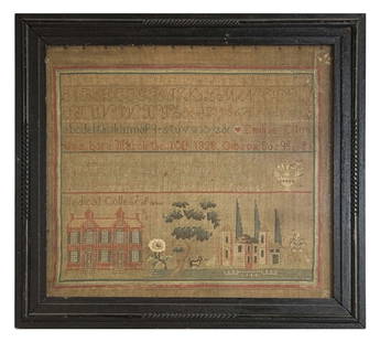 1828 SCHOOL GIRLS SAMPLER, GIBSON SUSQE. CO. PA MEDICAL COLLEGE OF OHIO  16 1/4" X 18 3/4": 1828 SCHOOL GIRLS SAMPLER, GIBSON SUSQE. CO. PA MEDICAL COLLEGE OF OHIO 16 1/4" X 18 3/4"