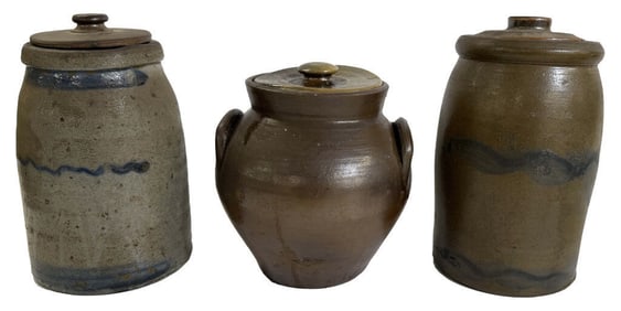 3 PCS OF STONEWARE WITH LIDS TALLEST 9"