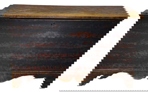 BLANKET CHEST WITH CUPIDS BOW APRON IN ORIG. PAINT  24 1/2" X 41" X 18 1/2": BLANKET CHEST WITH CUPIDS BOW APRON IN ORIG. PAINT 24 1/2" X 41" X 18 1/2"