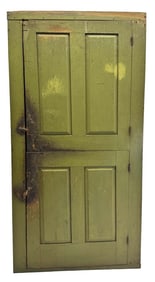 19THC RAISED PANEL DOOR OVER DOOR CUPBOARD IN GREEN PAINT 77 1/2" X 37 1/2" X 14 1/4"
